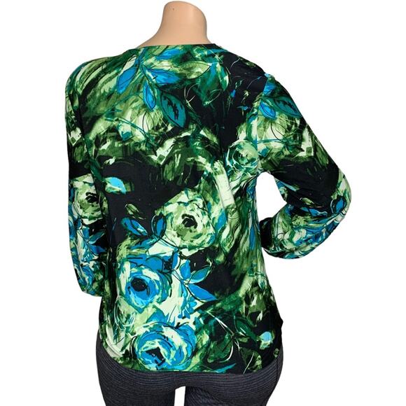 Apt. 9 Blouse Long Sleeve Roses Print Black and Green Pullover Size XL - Picture 5 of 10